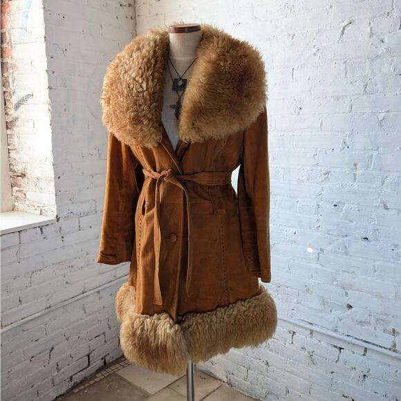 Vintage Orange Suede Penny Lane Jacket Leather Trench Coat Faux Fur Coat Large - Picture 7 of 12